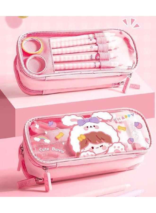 Large capacity transparent fabric pencil case with cute cartoon print and three compartments for organizing stationery, multi-functional with a durable zipper design (cute rabbit pattern) - Image 4